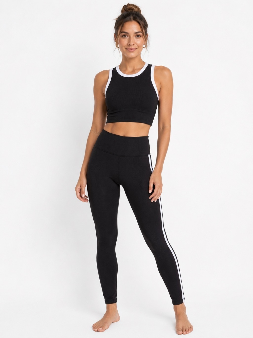 Move Theology Activewear Set - Crop Top Leggings Ribbed Contrast Trim S Black